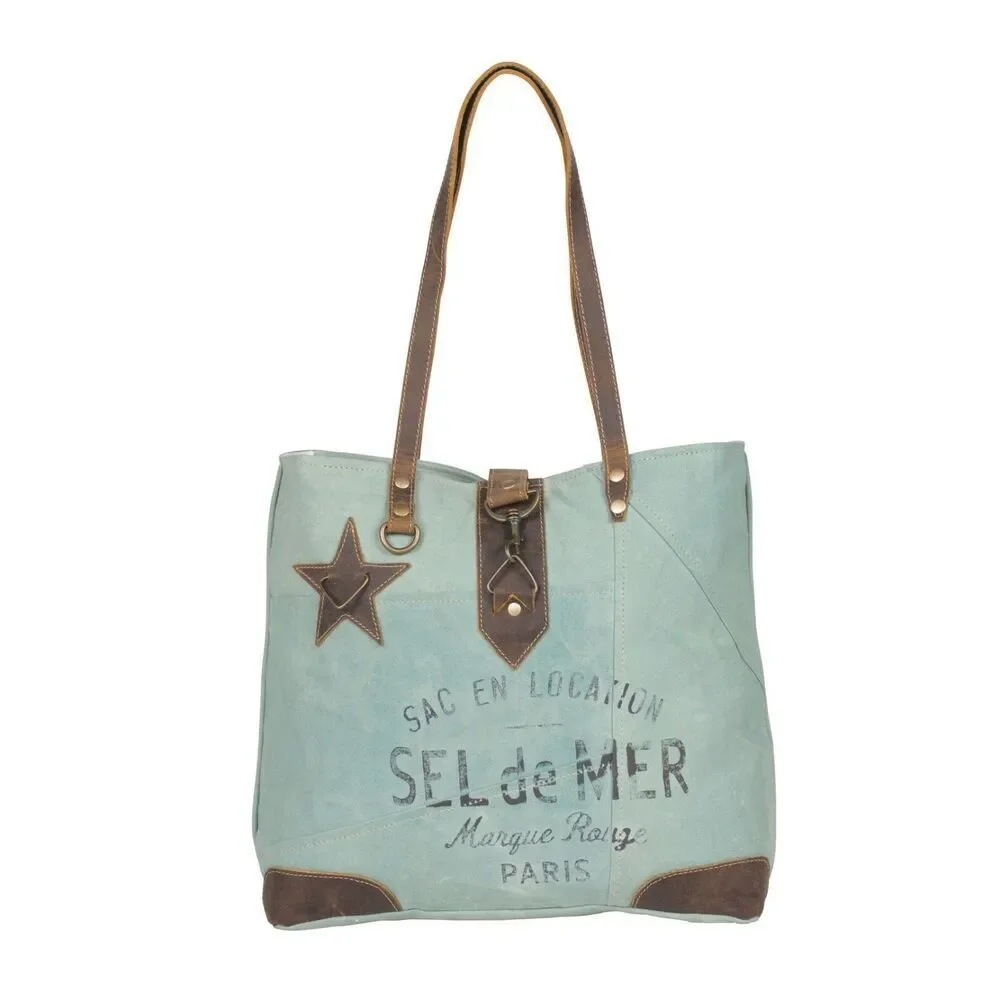 Myra Bag Handmade Astra Tote Bag Upcycled Canvas & Cowhide Leather